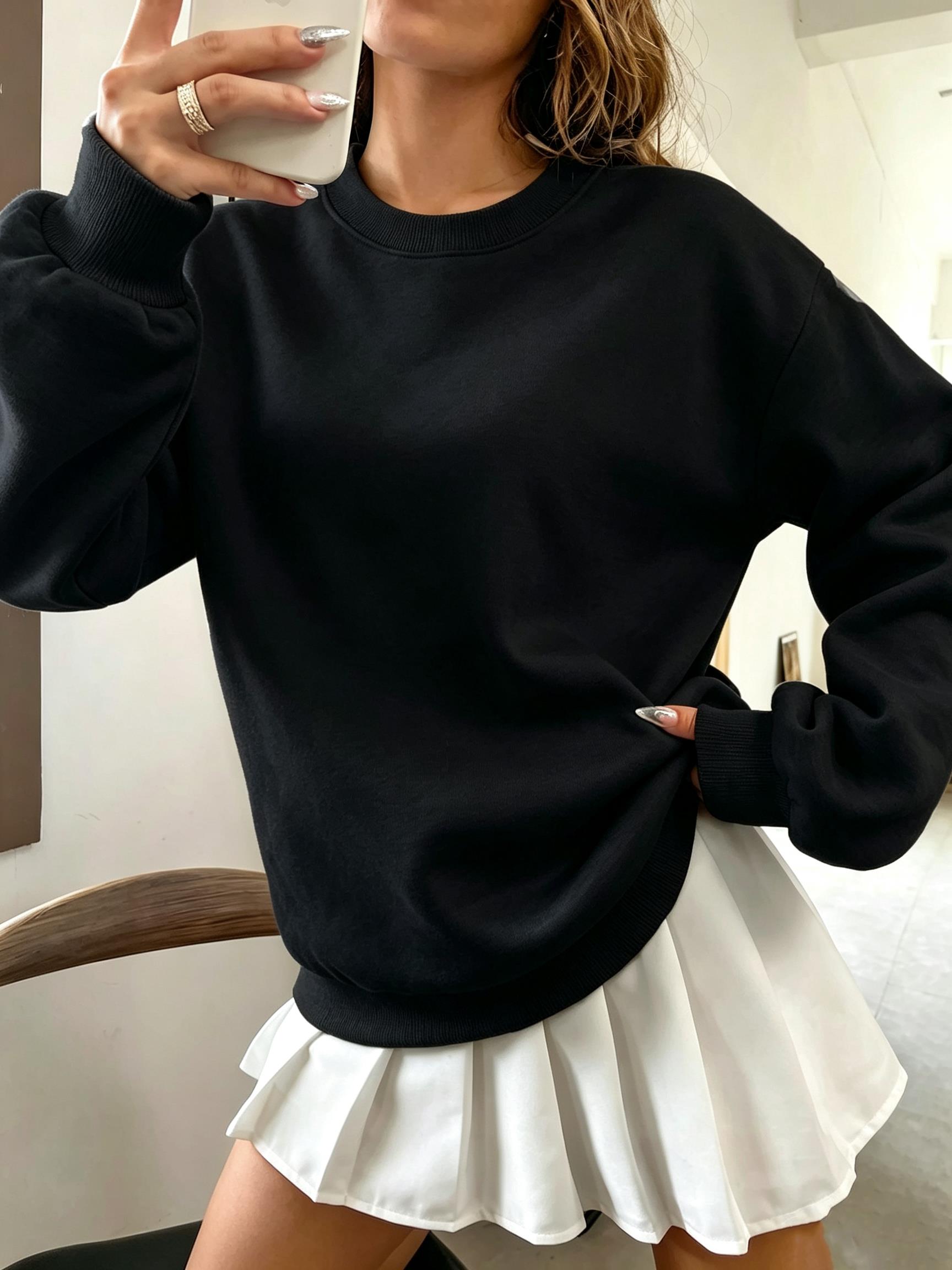 Oversized Crewneck Fleece - سترة نسائية كورية واسعة ذات لون