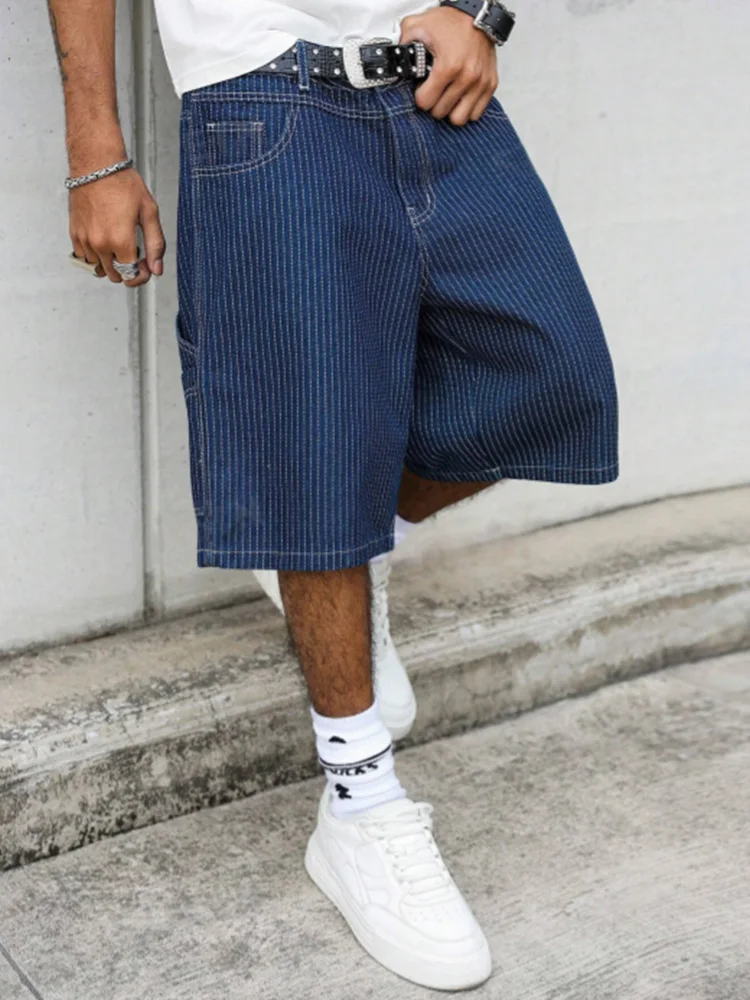 Street Fashion Baggy - شورت جينز فضفاض بخطوط هيكوري للرجال،