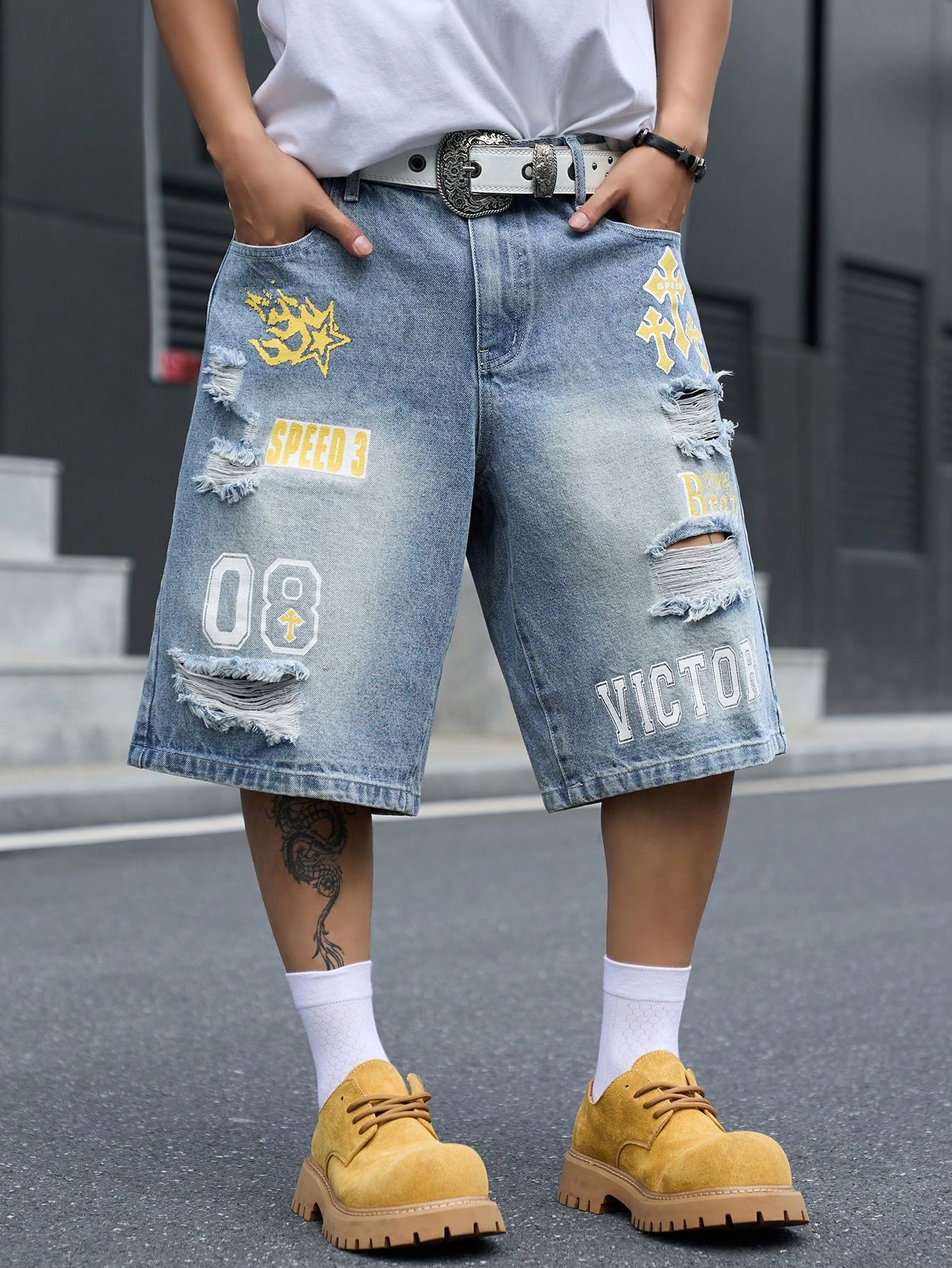 Street Fashion Baggy - شورت برمودا من الدنيم بقصة فضفاضة