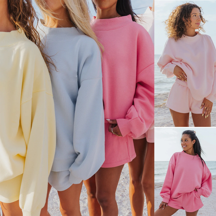 طقم نسائي من قطعتين بلون موحد  - مراجعة Oversized Crewneck Fleece وسعره